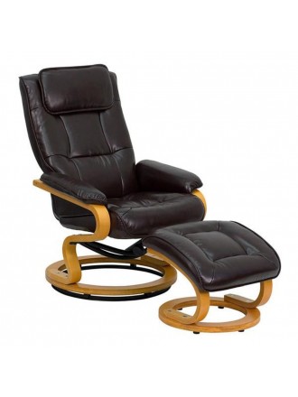 CONTEMPORARY BROWN LEATHER RECLINER AND OTTOMAN WITH SWIVELING MAPLE WOOD BASE