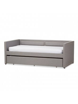 BAXTON STUDIO RAYMOND MODERN AND CONTEMPORARY GREY FABRIC NAIL HEADS TRIMMED SOFA TWIN DAYBED WITH ROLL-OUT TRUNDLE GUEST BED