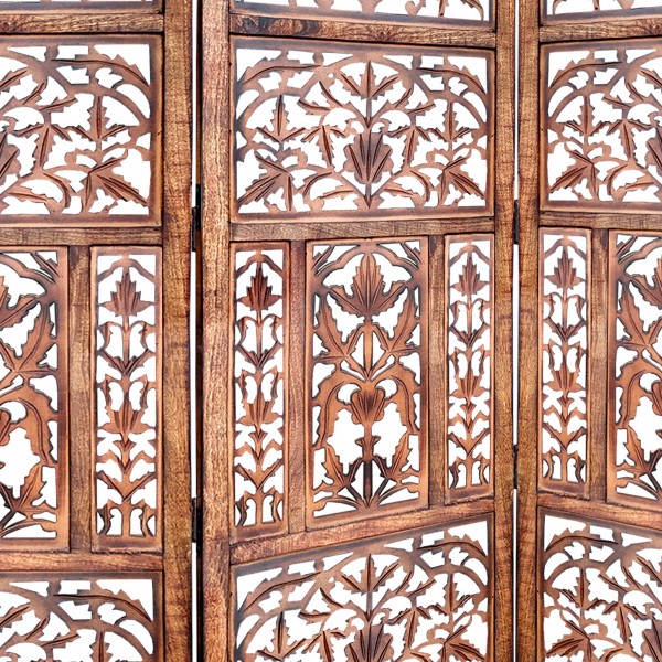 Handcrafted 3 Panel Mango Wood Screen with Cutout Filigree Carvings, Brown