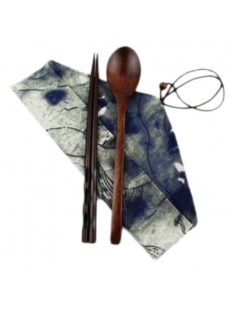 Japanese Style Natural Wooden Chopsticks Spoon Cutlery Set Travel Cloth Carry Bag Three-piece Tableware-C04