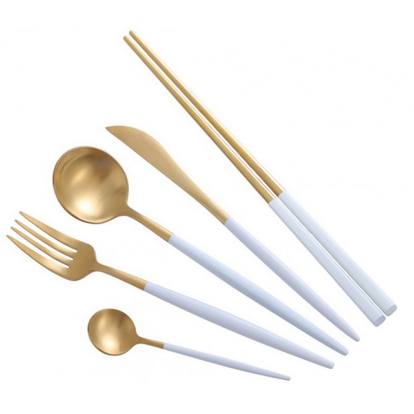 Creative Stainless Steel Five-piece Tableware, White And Golden