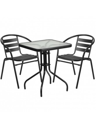 23.5'' Square Glass Metal Table with 2 Metal Aluminum Slat Stack Chairs Black