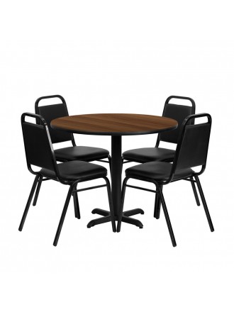Flash Furniture 36" Round Walnut Laminate Restaurant Dining Table Set With 4 Black Trapezoidal Back Stackable Banquet Chairs