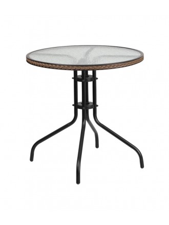 Flash Furniture 28'' Round Tempered Glass Metal Table with Dark Brown Rattan Edging