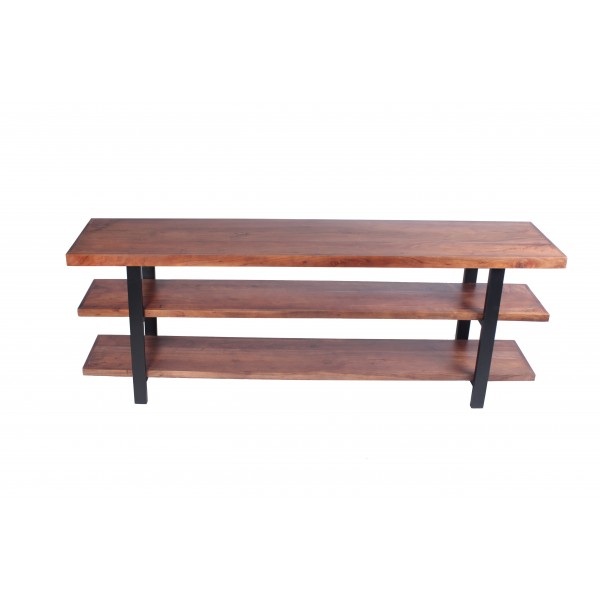 Mango Wood and Iron Console Table With Three Shelves, Brown and Black