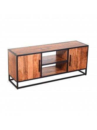 54 Inch Metal Frame TV Console with 2 Side Door Cabinets, Black and Brown