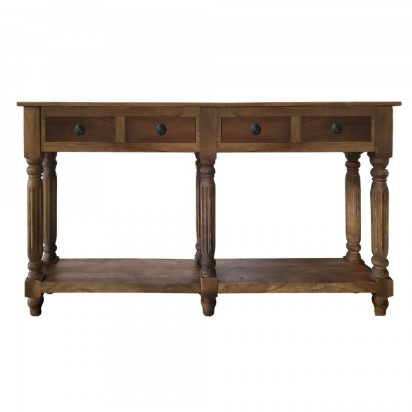 Traditional Wooden Console Table with 4 Drawers and Turned Legs, Brown