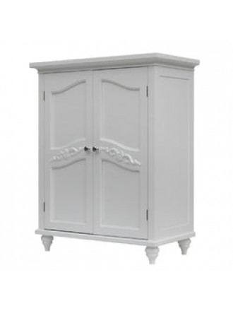 Bathroom Linen Storage Floor Cabinet with 2-Doors in Traditional White Wood Finish