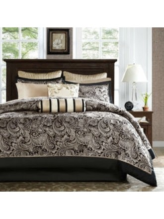 King size Cotton 12-Piece Reversible Paisley Comforter Set in Black Gold