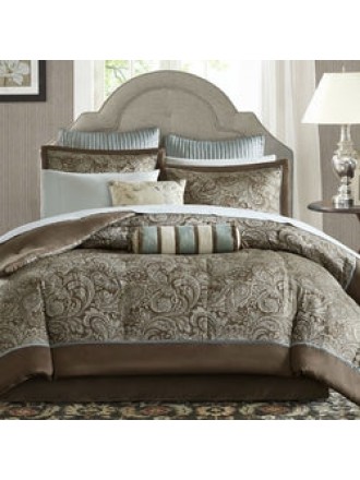 Full size 12-piece Reversible Cotton Comforter Set in Brown and Blue
