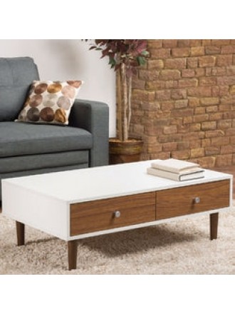 Modern Mid-Century Style White Wood Coffee Table with 2 Drawers