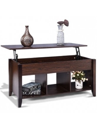 Brown Wood Lift-Top Coffee Table with Bottom Storage Shelves