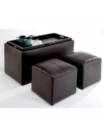 Faux Leather Storage Bench Coffee Table with 2 Side Ottomans