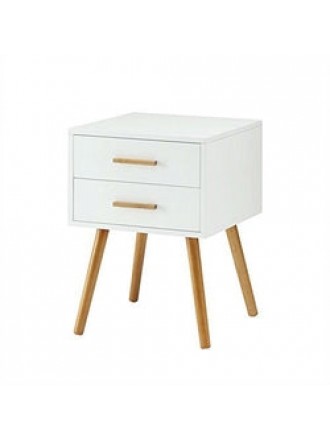 Modern 2-Drawer End Table Nightstand in White with Mid-Century Style Wood Legs