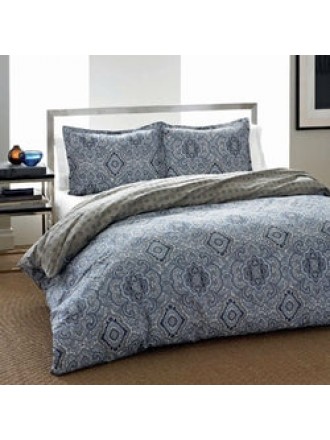 King 3-Piece Cotton Comforter Set with Blue Grey Damask Pattern