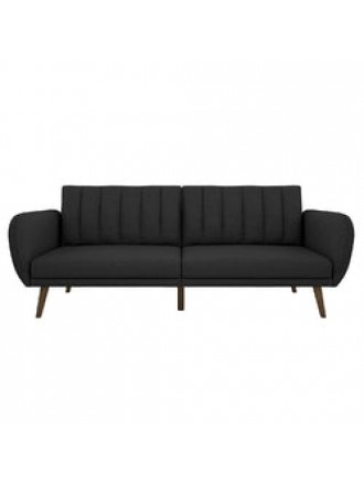 Dark Grey Linen Futon Sofa Bed with Modern Mid-Century Style Wooden Legs