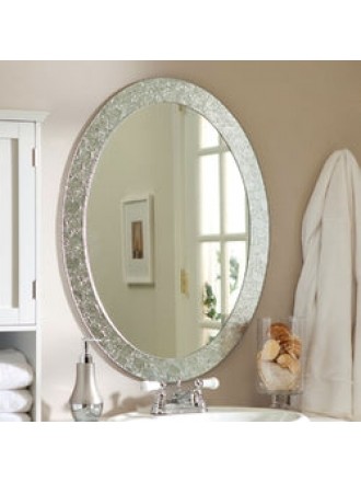 Oval Frame-less Bathroom Vanity Wall Mirror with Elegant Crystal Look Border