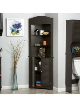 Espresso Bathroom Linen Tower Corner Towel Storage Cabinet with 3 Open Shelves