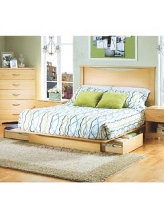 Full / Queen Platform Bed with Storage Drawers and Headboard in Natural