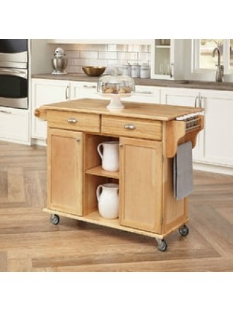 Natural Wood Finish Kitchen Island Cart with Locking Casters
