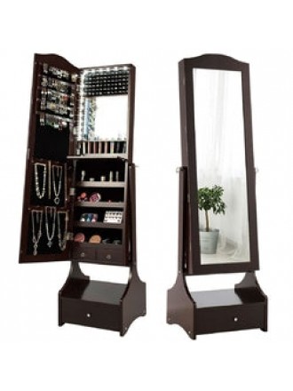 Jewelry Armoire Full Length Cheval Mirror with Tilt in Coffee Brown Wood Finish