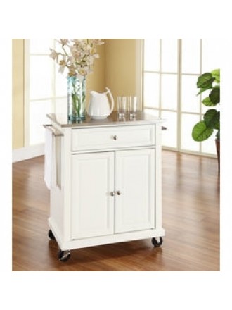 Stainless Steel Top Portable Kitchen Island Cart in White Finish