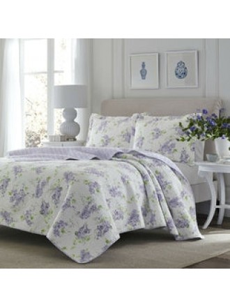 King size 3-Piece Cotton Quilt Set with Purple White Floral Pattern