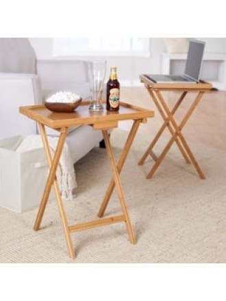 Set of 2 Bamboo Wood TV Table Snack Coffee Tables in Natural