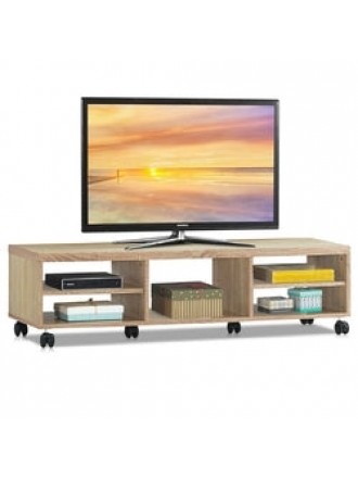 Rolling 60-inch TV Stand in Natural Wood Finish with 6-Wheels