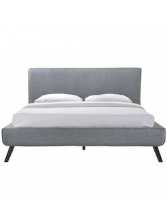 Queen size Mid-Century Platform Bed Frame with Gray Upholstered Headboard