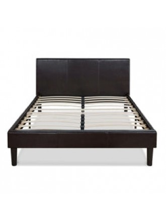 Queen Modern Platform Bed with Dark Brown Upholstered Faux Leather Headboard