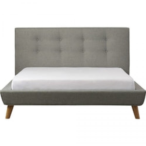 Queen Mid-Century Grey Upholstered Platform Bed with Button-Tufted Headboard
