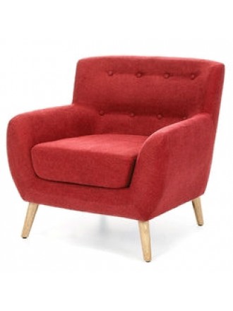 Red Linen Upholstered Armchair with Mid-Century Modern Classic Style Wood Legs