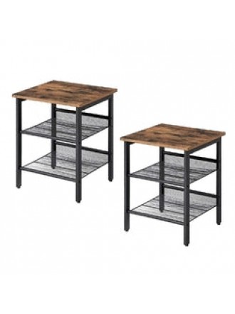 Set of 2 Side Table Nightstand with Medium Wood Finish Top and Mesh Shelves