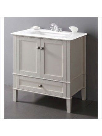 Contemporary Bathroom Vanity in Soft White with Marble Top and Rectangle Sink