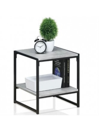 Modern Metal Frame End Table Nightstand with Faux Stone Top and Bottom Shelf