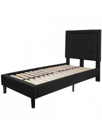 Twin Black Fabric Upholstered Platform Bed Frame with Tufted Headboard