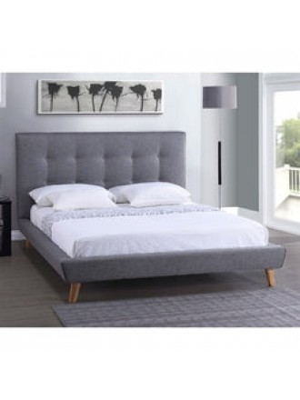 King Modern Grey Linen Upholstered Platform Bed with Button Tufted Headboard