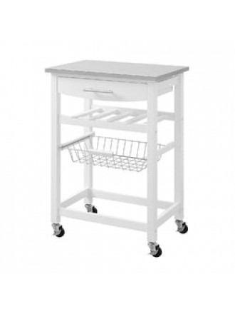 Stainless Steel Top White Wood Kitchen Island Storage Cart