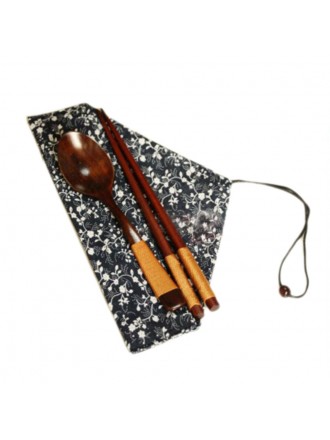 Japanese Style Natural Wooden Chopsticks Spoon Cutlery Set Travel Cloth Carry Bag Three-piece Tableware-C03