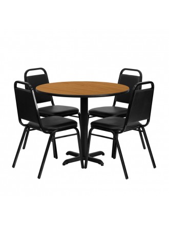 Flash Furniture 36" Round Natural Laminate Restaurant Dining Table Set With 4 Black Trapezoidal Back Stackable Banquet Chairs
