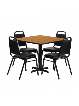 36'' Square Natural Laminate Table Set with 4 Black Trapezoidal Back Banquet Chairs [HDBF1011-GG]