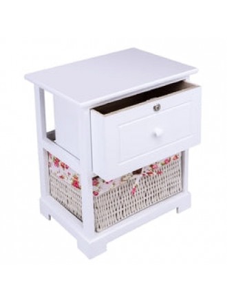 2 Tiers 1 Drawer Bedside Wood Nightstand with Basket