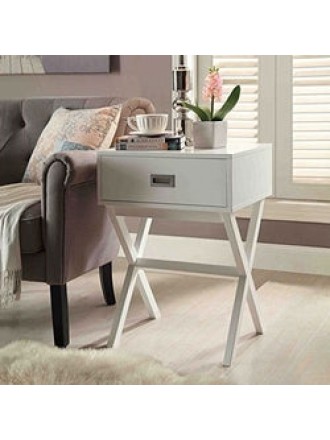 White Modern 1-Drawer End Table Nightstand with X-Legs