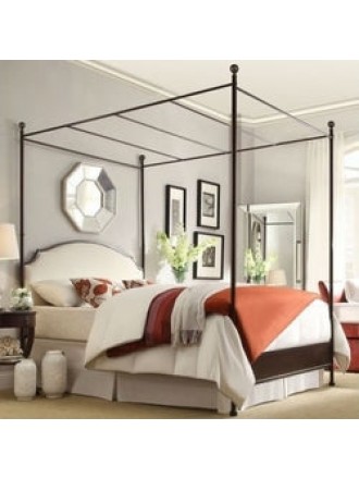 King size Metal Canopy Bed with White Cream Linen Upholstered Headboard