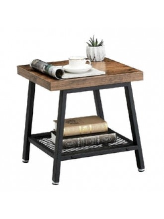 Modern Industrial Metal Wood Nightstand Side Table with Mesh Shelf