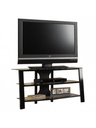 Contemporary 40-inch Black Metal TV Stand with Clear Glass Shelves