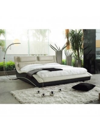 King size Modern Cream Black Faux Leather Upholstered Platform Bed with Headboard
