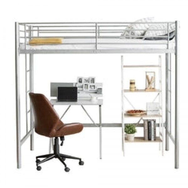 Twin size Modern Student Dorm Loft Bed Frame in Silver