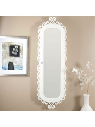 Wall Mounted Jewelry Cabinet Mirror Armoire with Gloss White Scrolling Border